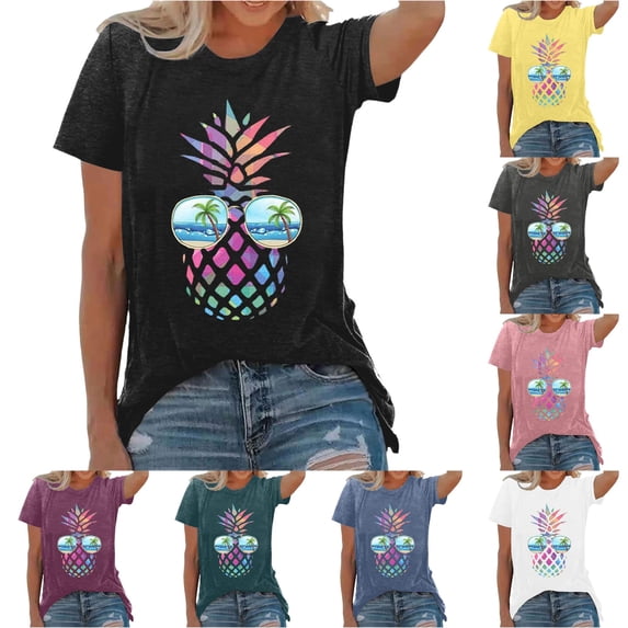 Trendfront Womens Pineapple T Shirts Crewneck Short Sleeve Graphic Tropical Beach Sunglasses Print Casual Vacation Summer Tee Tops