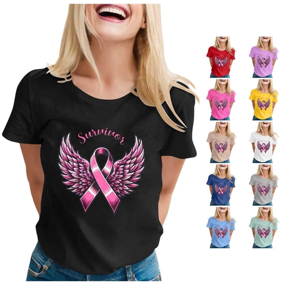 Trendfront Womens Pink Ribbon Angel Wings Graphic T Shirts Crewneck Short Sleeve Awareness Tee Tops Relaxed Everyday Style