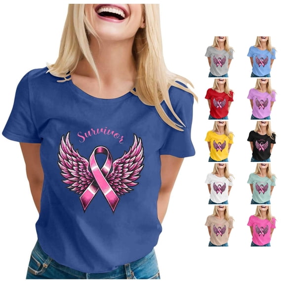 Trendfront Womens Pink Ribbon Angel Wings Graphic T Shirts Crewneck Short Sleeve Awareness Tee Tops Relaxed Everyday Style