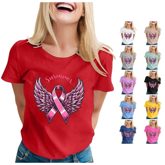 Trendfront Womens Pink Ribbon Angel Wings Graphic T Shirts Crewneck Short Sleeve Awareness Tee Tops Relaxed Everyday Style