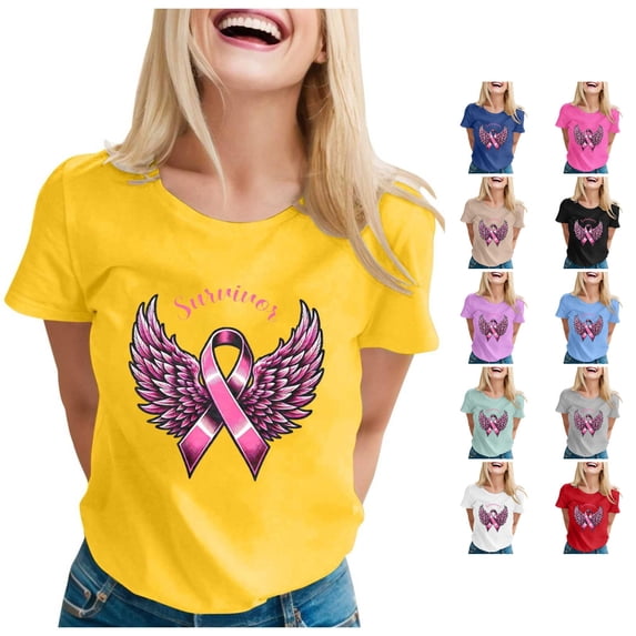 Trendfront Womens Pink Ribbon Angel Wings Graphic T Shirts Crewneck Short Sleeve Awareness Tee Tops Relaxed Everyday Style