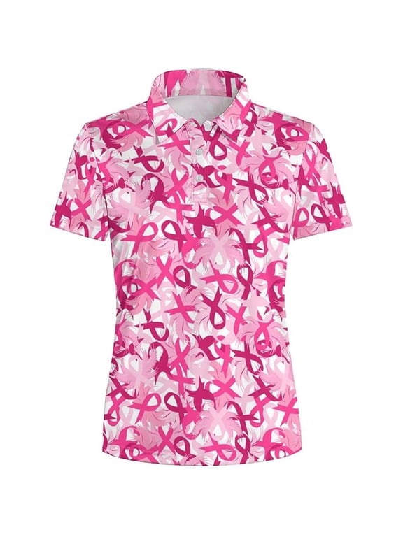 Womens Pink Ribbon Print Polo Shirts Collared Short Sleeve Button Placket Slim Fit Cancer Awareness Tops