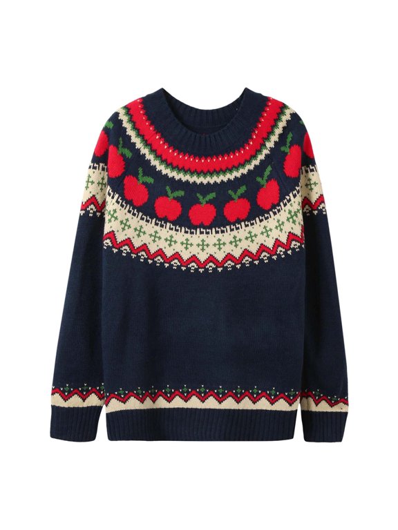 Womens Plus Size Sweater Apple Fair Isle Pattern Crew Neck Long Sleeve Pullover Ribbed Relaxed Fit Casual Top
