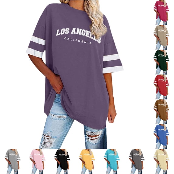 Trendfront Womens Plus Size T Shirt Los Angeles Letter Graphic Crewneck Striped Short Sleeves Oversized Casual Tee