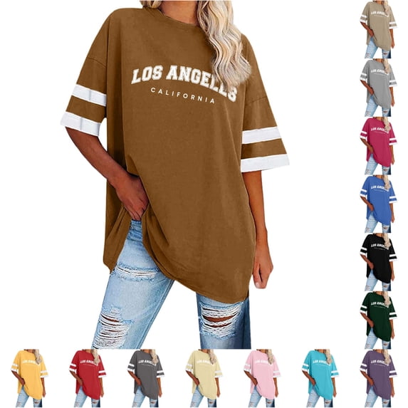 Trendfront Womens Plus Size T Shirt Los Angeles Letter Graphic Crewneck Striped Short Sleeves Oversized Casual Tee