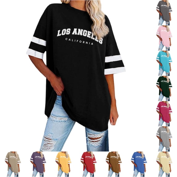 Trendfront Womens Plus Size T Shirt Los Angeles Letter Graphic Crewneck Striped Short Sleeves Oversized Casual Tee