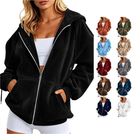 Trendfront Womens Plush Zip Up Hoodies Hooded Neck Long Balloon Sleeve Front Pockets Relaxed Fit Casual Lounge Sweatshirts
