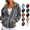 thumbnail image 1 of Trendfront Womens Plush Zip Up Hoodies Hooded Neck Long Balloon Sleeve Front Pockets Relaxed Fit Casual Lounge Sweatshirts, 1 of 5