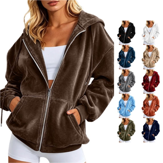 Trendfront Womens Plush Zip Up Hoodies Hooded Neck Long Balloon Sleeve Front Pockets Relaxed Fit Casual Lounge Sweatshirts