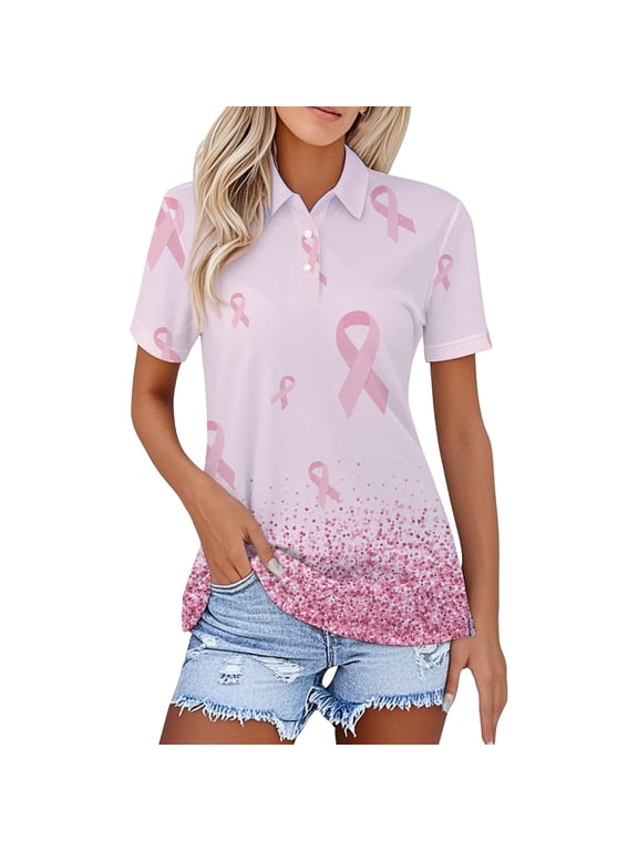 Womens Polo Shirt Cancer Awareness Ribbon Print Point Collar Short Sleeve Button Placket Top Printed Polo Shirts