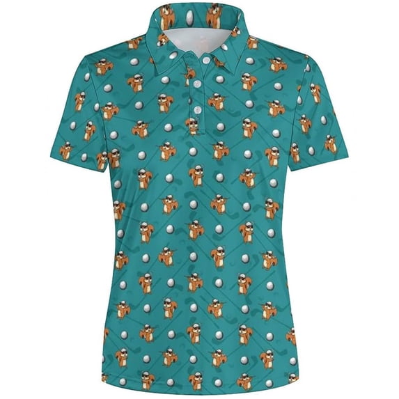 Trendfront Womens Polo Shirt Squirrel Golf Ball Print Short Sleeve Collared Casual Golf Sport Performance Everyday Tops