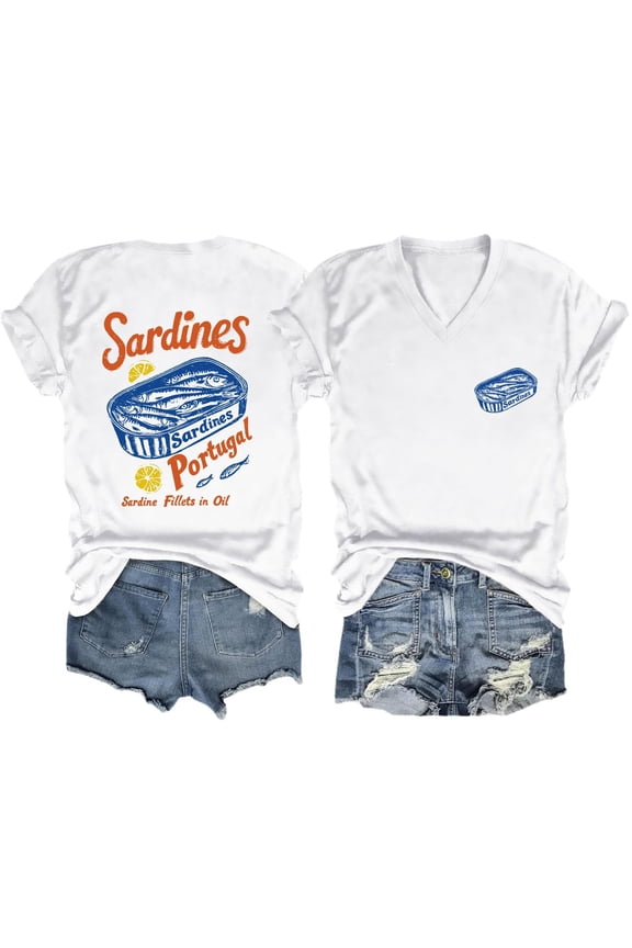 Womens Portugal Fish Can Graphic Tee Retro Mediterranean Summer Foodie Top Clothing Short Sleeve V Neck T Shirts