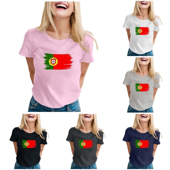 Trendfront Womens Portugal Graphic T Shirt Crewneck Short Sleeve Brush Flag Print National Pride Football Fan Match Day Casual Stadium Chic Tops