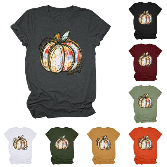 Trendfront Womens Pumpkin T Shirt Artistic Patchwork Graphic Crewneck Short Sleeves Casual Fall Harvest Tee Top