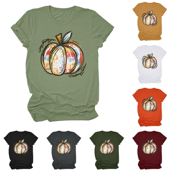 Trendfront Womens Pumpkin T Shirt Artistic Patchwork Graphic Crewneck Short Sleeves Casual Fall Harvest Tee Top