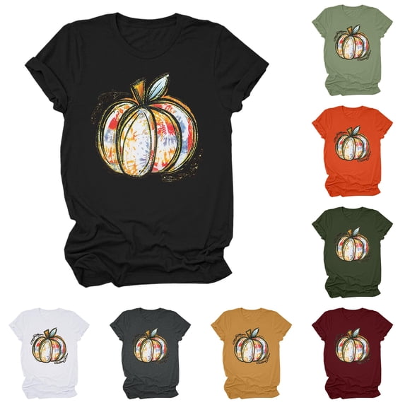 Trendfront Womens Pumpkin T Shirt Artistic Patchwork Graphic Crewneck Short Sleeves Casual Fall Harvest Tee Top