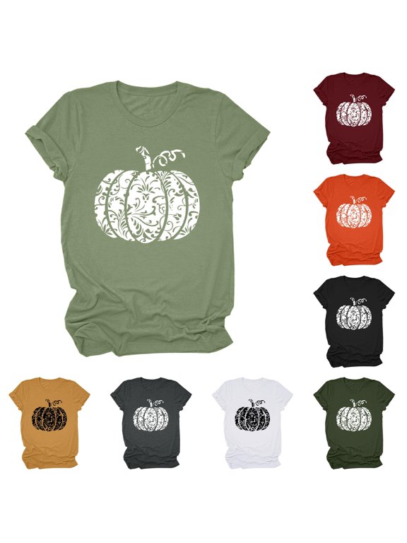 Womens Pumpkin T Shirt Ornate Floral Graphic Crewneck Short Sleeves Casual Fall Harvest Party Tee Top