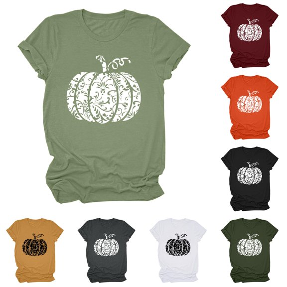 Trendfront Womens Pumpkin T Shirt Ornate Floral Graphic Crewneck Short Sleeves Casual Fall Harvest Party Tee Top