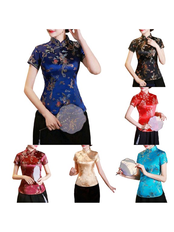 Womens Qipao Blouses Short Sleeve Mandarin Collar Dragon Phoenix Graphic Top Chinese Traditional Buttons Slim Fit Oriental Lunar New Year Tee