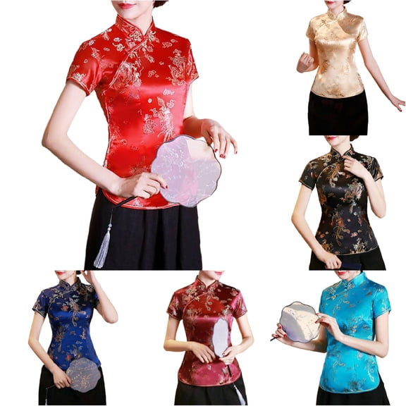 Trendfront Womens Qipao Blouses Short Sleeve Mandarin Collar Dragon Phoenix Graphic Top Chinese Traditional Buttons Slim Fit Oriental Lunar New Year Tee