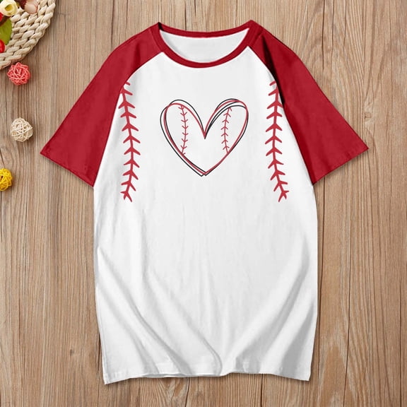 Trendfront Womens Raglan Baseball Heart Graphic T Shirt Crewneck Short Sleeve Athletic Sports Summer Daily Wear Patchwork Tops
