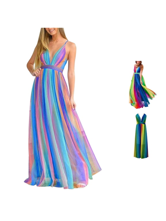 Womens Rainbow Color Block Maxi Dress Deep V Neck Sleeveless Spaghetti Strap Flowing A Line Summer Party Maxi Dress