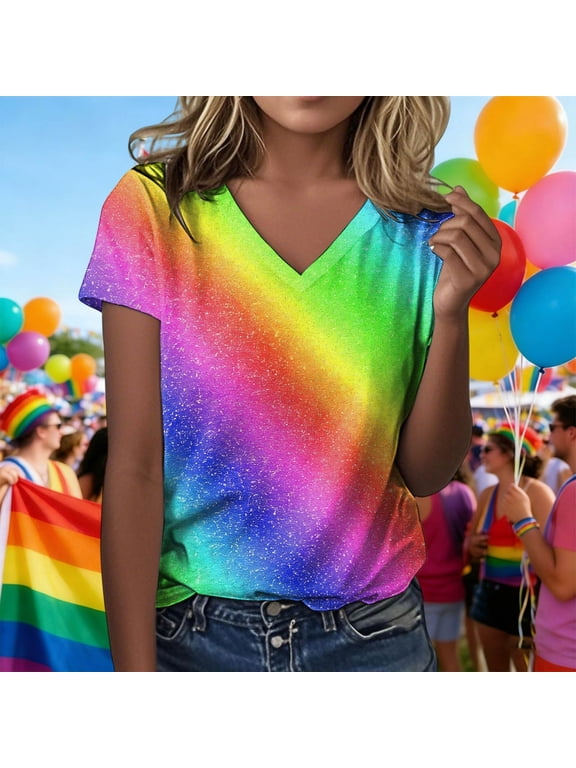 Womens Rainbow Pride Graphic T Shirt Colorful Gradient Stripes Print V Neck Short Sleeve Tee Festive Party Tops