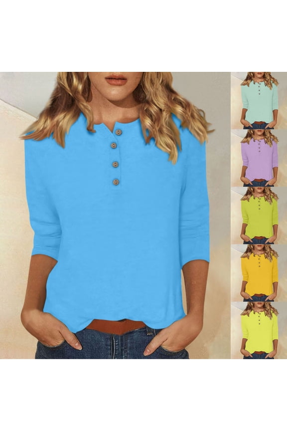 Womens Regular Crew Neck 3/4 Sleeve Tops Solid Color Plain Button Up Detail Tees Casual Fashion Style Apparel T-Shirts