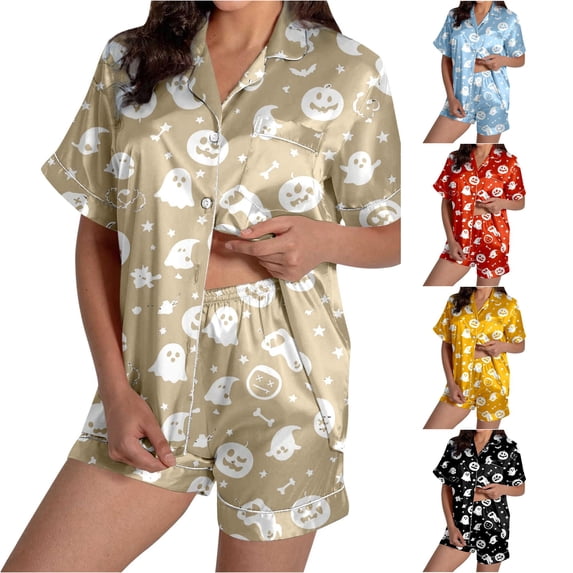 Trendfront Womens Relaxed 2 Piece Halloween Pajama Set Notched Collar Button Front Short Sleeve Top Elastic Waist Shorts Ghost Print Sleepwear for Women
