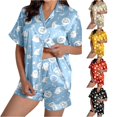 thumbnail image 1 of Trendfront Womens Relaxed 2 Piece Halloween Pajama Set Notched Collar Button Front Short Sleeve Top Elastic Waist Shorts Ghost Print Sleepwear for Women, 1 of 7