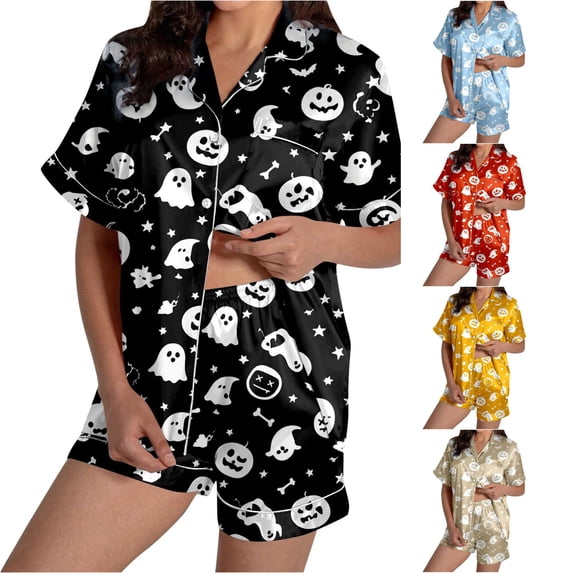 Trendfront Womens Relaxed 2 Piece Halloween Pajama Set Notched Collar Button Front Short Sleeve Top Elastic Waist Shorts Ghost Print Sleepwear for Women