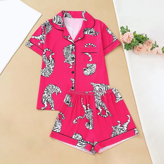 Trendfront Womens Relaxed 2 Piece Pajama Set Notched Collar Button Front Short Sleeve Top Elastic Waist Shorts Zebra Print Sleepwear Loungewear