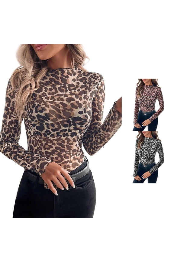 Womens Relaxed Leopard Print Mesh Top Cheetah Print Design Neck Long Sleeve Sheer Fitted Style Casual Party Night Out Tee Tops