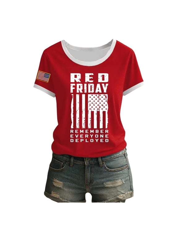 Womens Remember Everyone Deployed T Shirts Crewneck Short Sleeve Distressed American Flag Patriotic Graphic Top Overseas Deployment Gifts
