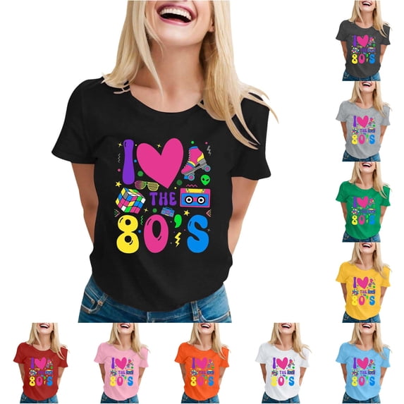 Trendfront Womens Retro 80s Graphic Tee I Love The 1980s Crewneck Short Sleeve T Shirt Neon Party Casual Summer Tops