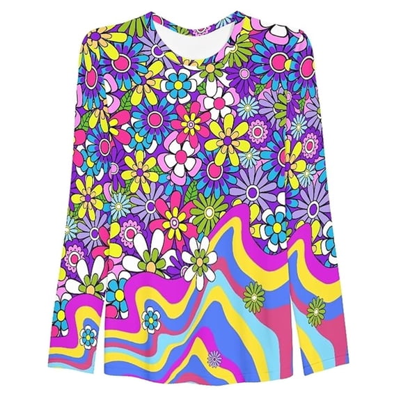 Trendfront Womens Retro Floral T Shirts Crewneck Long Sleeve Psychedelic Print Colorful Casual Festival Tee Tops