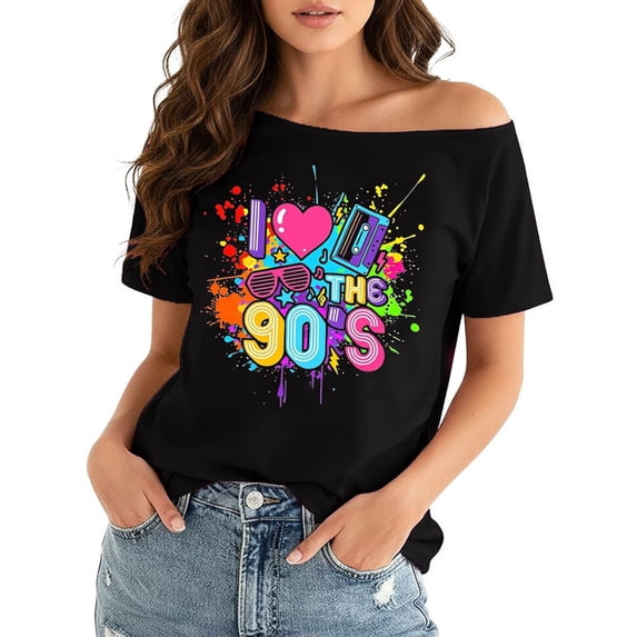 Trendfront Womens Retro Graphic Tee Tops Off The Shoulder Short Sleeve 90s Theme Print Casual Loose Fit T Shirts