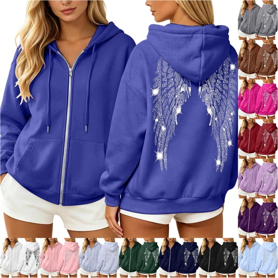 Trendfront Womens Rhinestone Angel Wings Graphic Hoodies Full Zip Long Sleeve Sparkle Back Print Casual Fall Jacket Tops