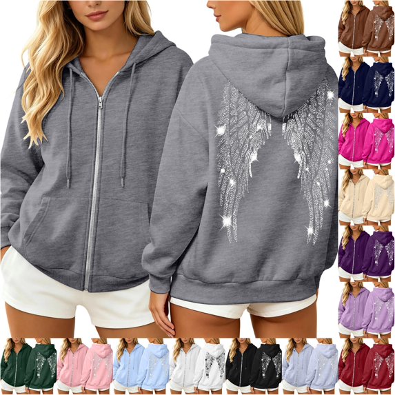 Trendfront Womens Rhinestone Angel Wings Graphic Hoodies Full Zip Long Sleeve Sparkle Back Print Casual Fall Jacket Tops