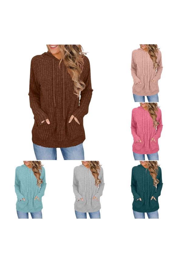 Womens Ribbed Knit Pullover Hoodie Solid Color Long Sleeve Cable Knit Texture Drawstring Hood Pockets Relaxed Fit Casual Fall Winter Sweater Top