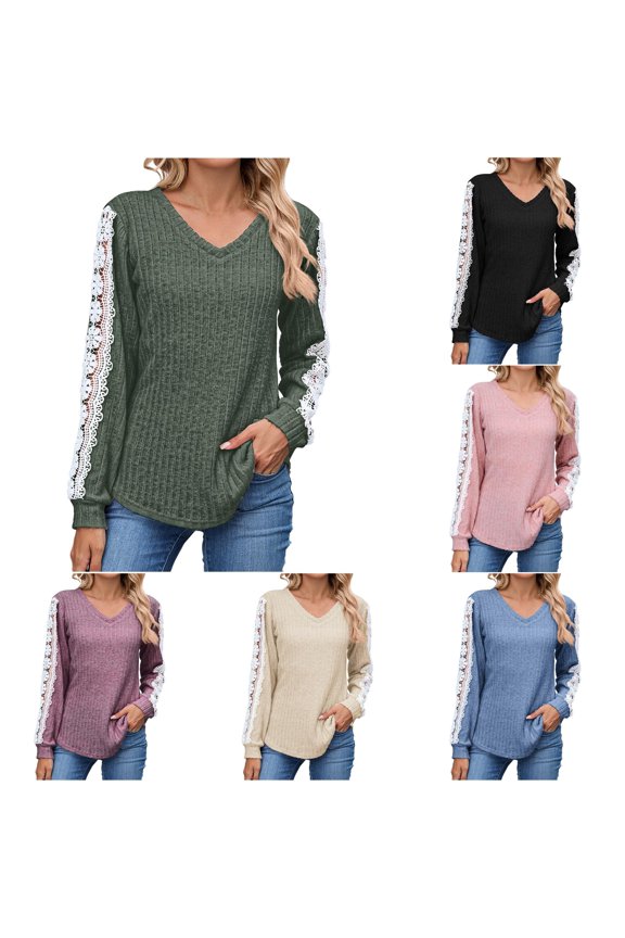 Womens Ribbed Top V Neck Long Sleeve Floral Lace Panel Fitted Casual Fall Blouse Cool Weather Wear