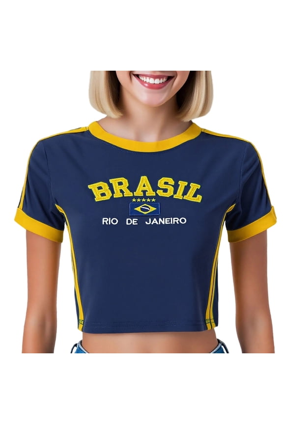 Womens Ringer T Shirt Brasil Flag Graphic Crop Slim Fit Crewneck Rio De Janeiro Letters Print Y2K Aesthetic Short Sleeve Casual Streetwear Summer Tops