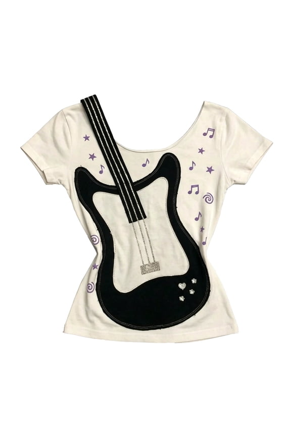 Womens Rock Guitar Heart Tops Round Neck Short Sleeve T Shirts Summer Fashion Casual Trendy Flattering Everyday Pullover Comfort Tee
