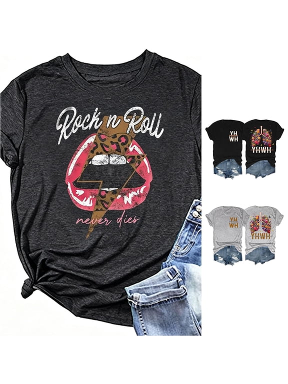 Womens Short Sleeve T Shirts Rock N Roll Crewneck Leopard Lips Guitar Graphic Vintage Band Casual Tee Shirts