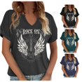 thumbnail image 1 of Trendfront Womens Rock On T Shirt Winged Guitar Print V Neck Short Sleeve Vintage Music Concert Casual Graphic Tees, 1 of 4