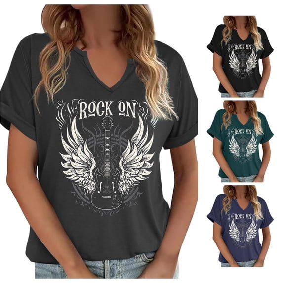 Trendfront Womens Rock On T Shirt Winged Guitar Print V Neck Short Sleeve Vintage Music Concert Casual Graphic Tees