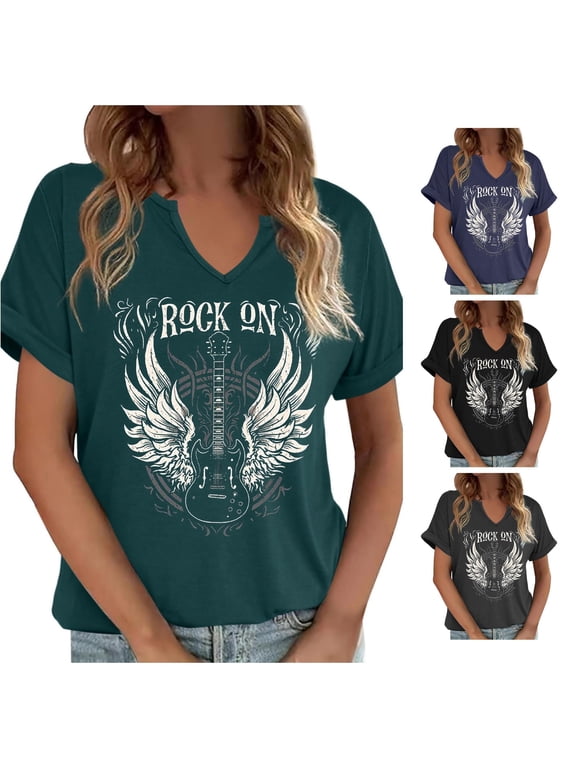 Womens Rock Roll T-Shirt Guitar Wings Notch V-Neck Short Sleeve Graphic Concert Tee Music Festival Tops
