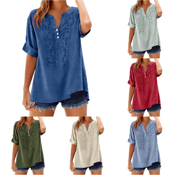 Trendfront Womens Roll Tab Short Sleeve Blouses Notch V Neck Floral Embroidery Button Front Tee Casual Loose Fit Boho Shirts