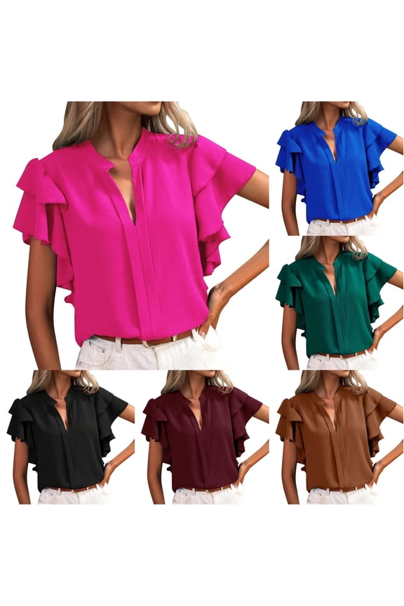 Womens Ruffle Sleeve Blouse Split V Neck Flutter Sleeve Layered Frill Trim Casual Office Work Business Tops