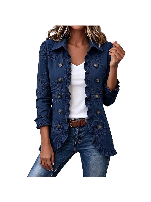 Womens Ruffle Trim Blazer Floral Detail Double Breasted Jacket Long Sleeve Notch Collar Fitted Waist Button Front Dress Coat